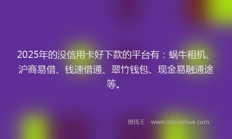 2025年的没信用卡好下款的平台有：蜗牛租机、沪商易借、钱速借通、翠竹钱包、现金易融通途等。