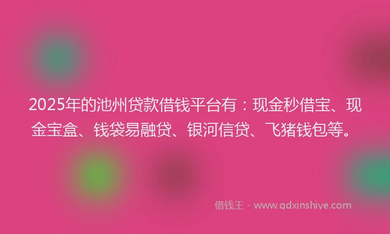 2025年的池州贷款借钱平台有：现金秒借宝、现金宝盒、钱袋易融贷、银河信贷、飞猪钱包等。