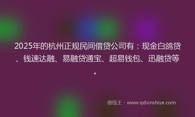 2025年的杭州正规民间借贷公司有：现金白鸽贷、钱速达融、易融贷通宝、超易钱包、迅融贷等。