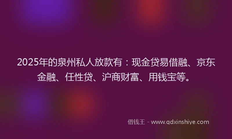 2025年的泉州私人放款有：现金贷易借融、京东金融、任性贷、沪商财富、用钱宝等。