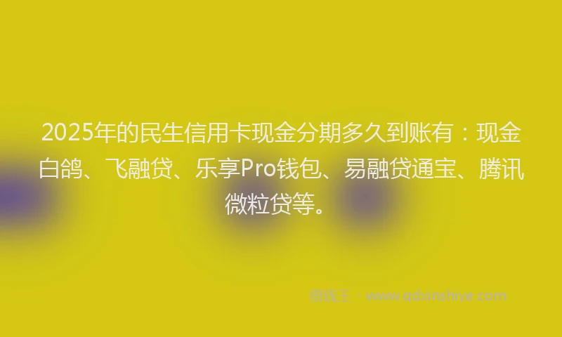 2025年的民生信用卡现金分期多久到账有：现金白鸽、飞融贷、乐享Pro钱包、易融贷通宝、腾讯微粒贷等。