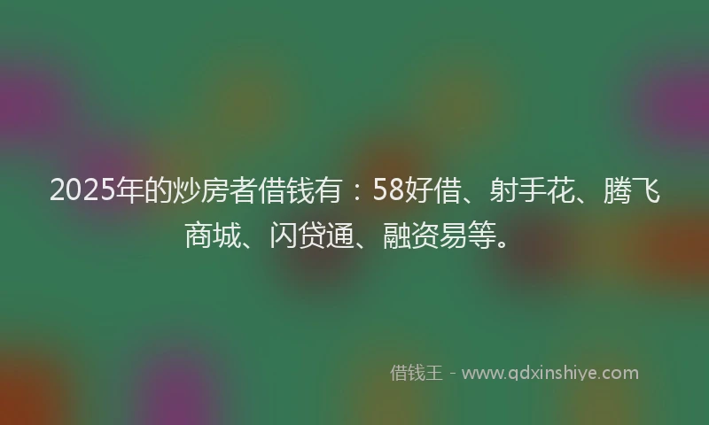 2025年的炒房者借钱有：58好借、射手花、腾飞商城、闪贷通、融资易等。