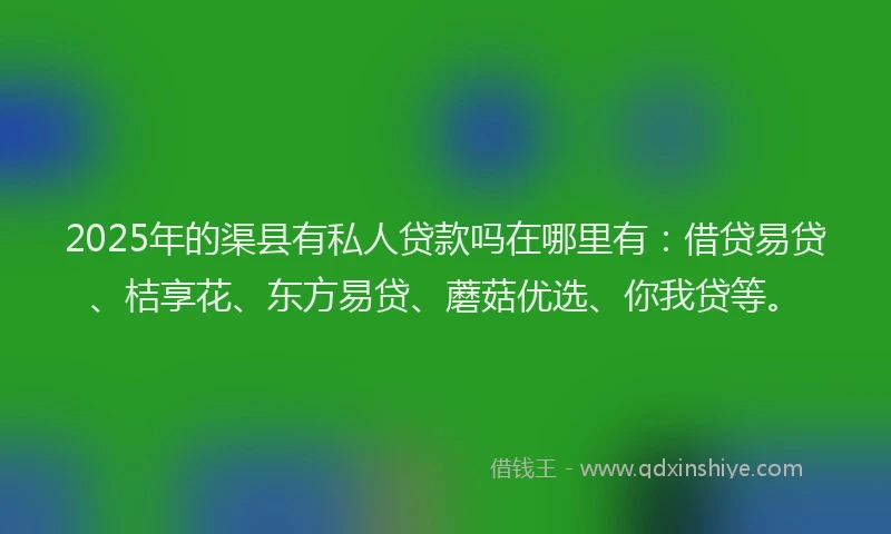 2025年的渠县有私人贷款吗在哪里有：借贷易贷、桔享花、东方易贷、蘑菇优选、你我贷等。
