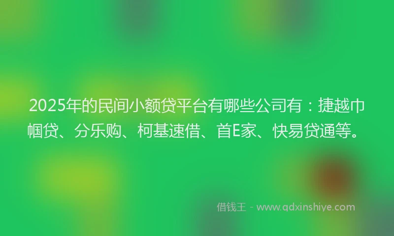 2025年的民间小额贷平台有哪些公司有：捷越巾帼贷、分乐购、柯基速借、首E家、快易贷通等。