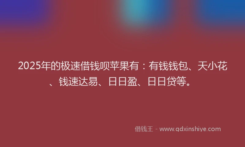 2025年的极速借钱呗苹果有：有钱钱包、天小花、钱速达易、日日盈、日日贷等。