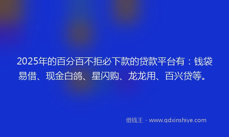 2025年的百分百不拒必下款的贷款平台有：钱袋易借、现金白鸽、星闪购、龙龙用、百兴贷等。