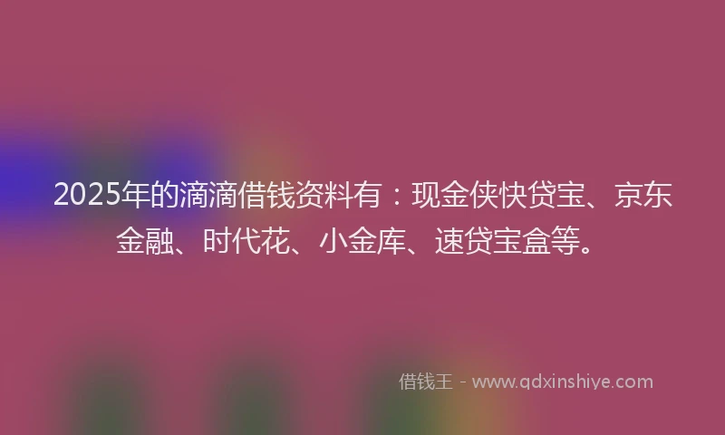 2025年的滴滴借钱资料有：现金侠快贷宝、京东金融、时代花、小金库、速贷宝盒等。