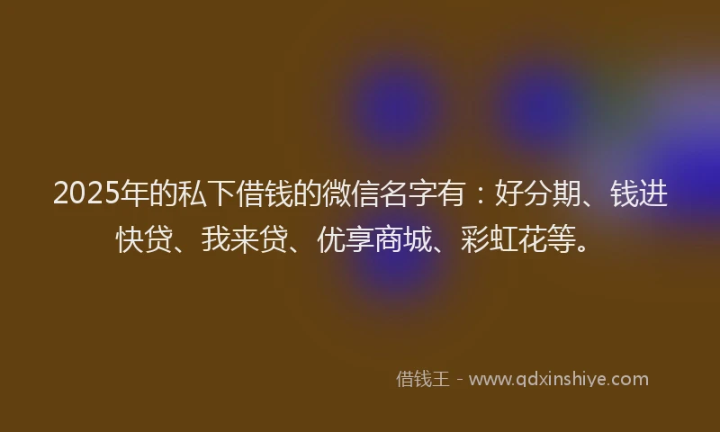 2025年的私下借钱的微信名字有：好分期、钱进快贷、我来贷、优享商城、彩虹花等。