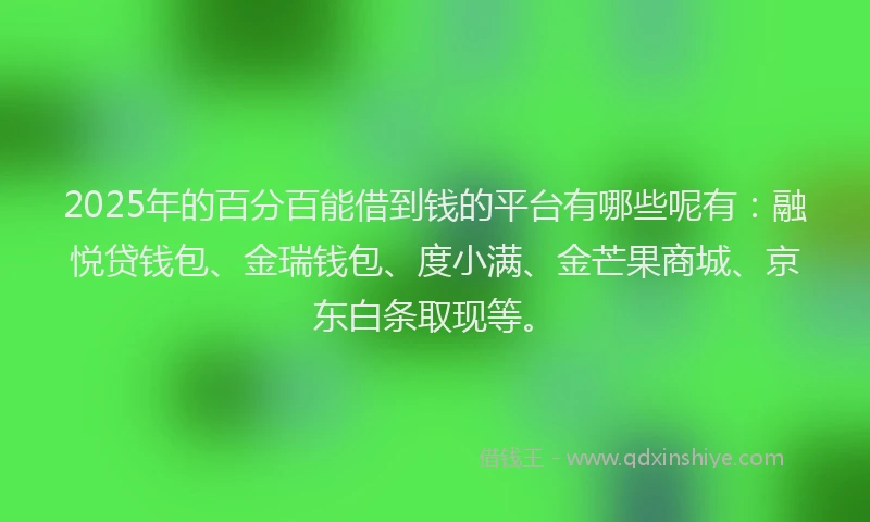 2025年的百分百能借到钱的平台有哪些呢有：融悦贷钱包、金瑞钱包、度小满、金芒果商城、京东白条取现等。