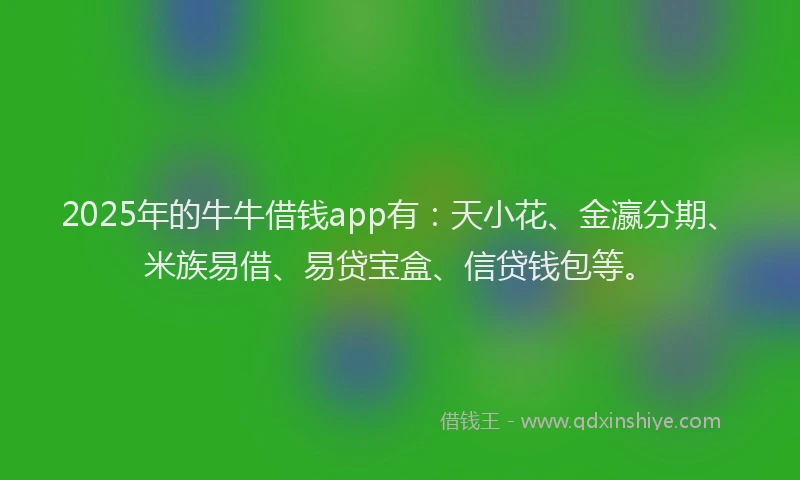 2025年的牛牛借钱app有：天小花、金瀛分期、米族易借、易贷宝盒、信贷钱包等。