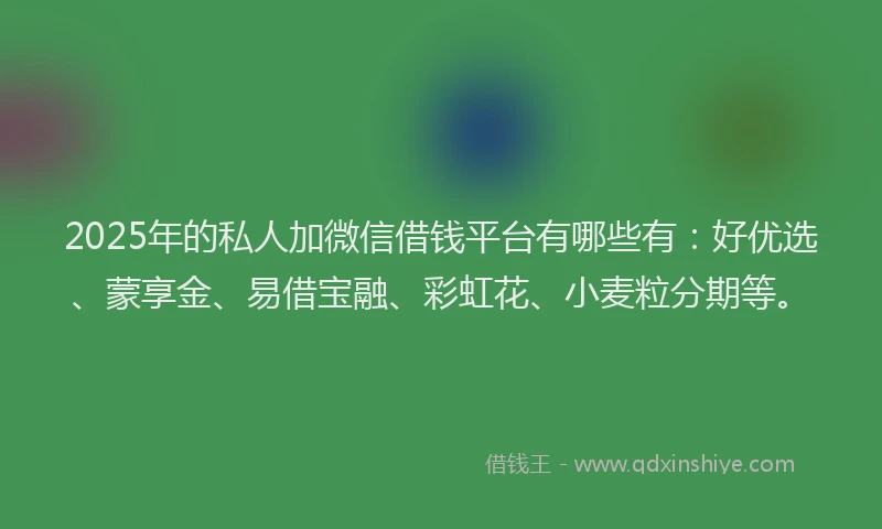 2025年的私人加微信借钱平台有哪些有：好优选、蒙享金、易借宝融、彩虹花、小麦粒分期等。