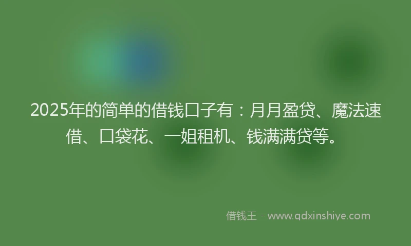 2025年的简单的借钱口子有：月月盈贷、魔法速借、口袋花、一姐租机、钱满满贷等。