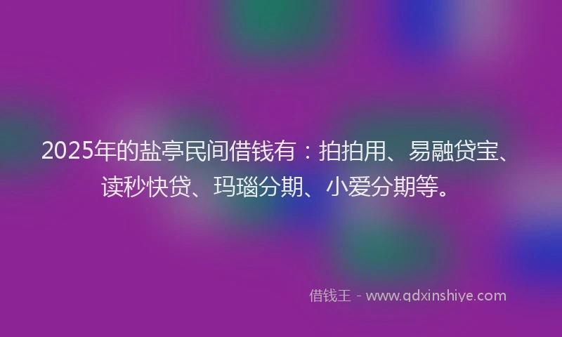 2025年的盐亭民间借钱有：拍拍用、易融贷宝、读秒快贷、玛瑙分期、小爱分期等。