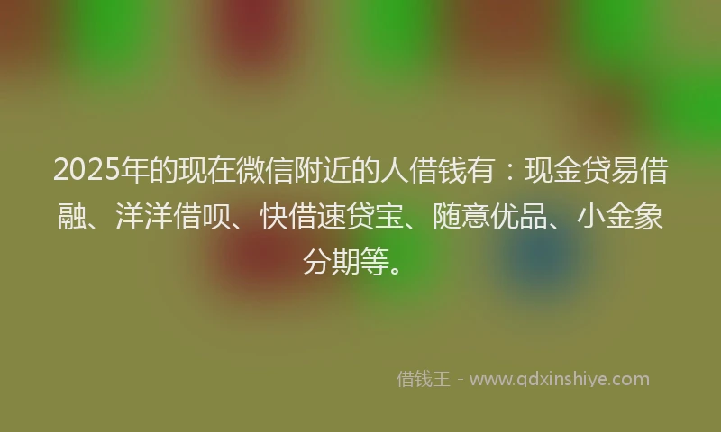 2025年的现在微信附近的人借钱有：现金贷易借融、洋洋借呗、快借速贷宝、随意优品、小金象分期等。