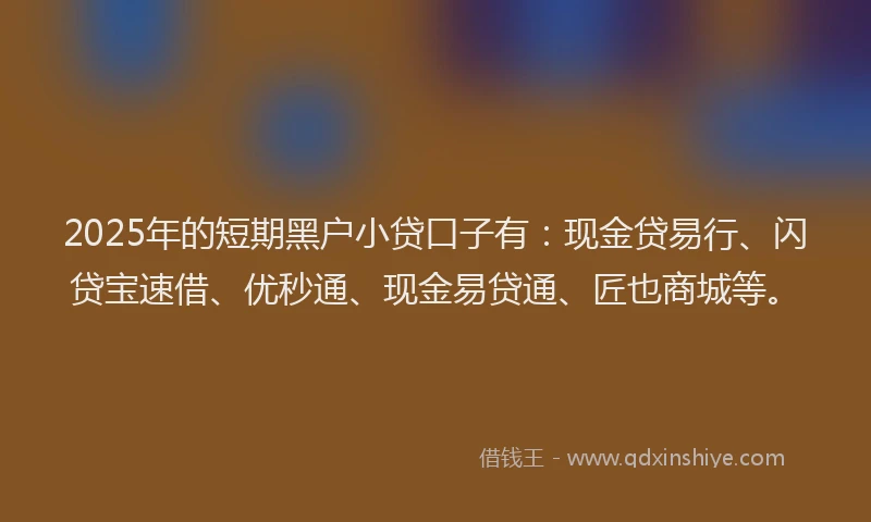 2025年的短期黑户小贷口子有：现金贷易行、闪贷宝速借、优秒通、现金易贷通、匠也商城等。