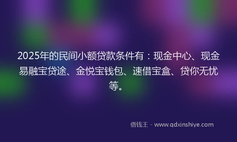 2025年的民间小额贷款条件有：现金中心、现金易融宝贷途、金悦宝钱包、速借宝盒、贷你无忧等。