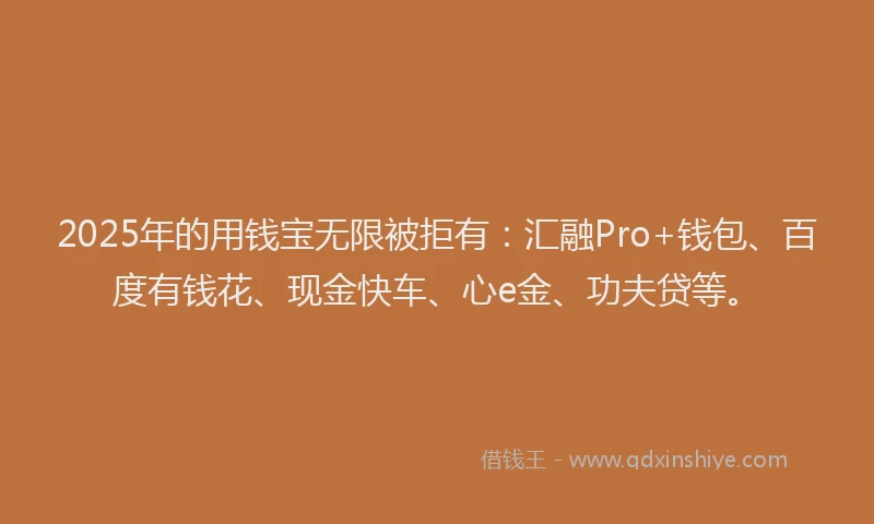 2025年的用钱宝无限被拒有：汇融Pro+钱包、百度有钱花、现金快车、心e金、功夫贷等。