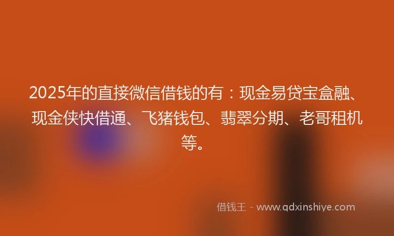 2025年的直接微信借钱的有：现金易贷宝盒融、现金侠快借通、飞猪钱包、翡翠分期、老哥租机等。