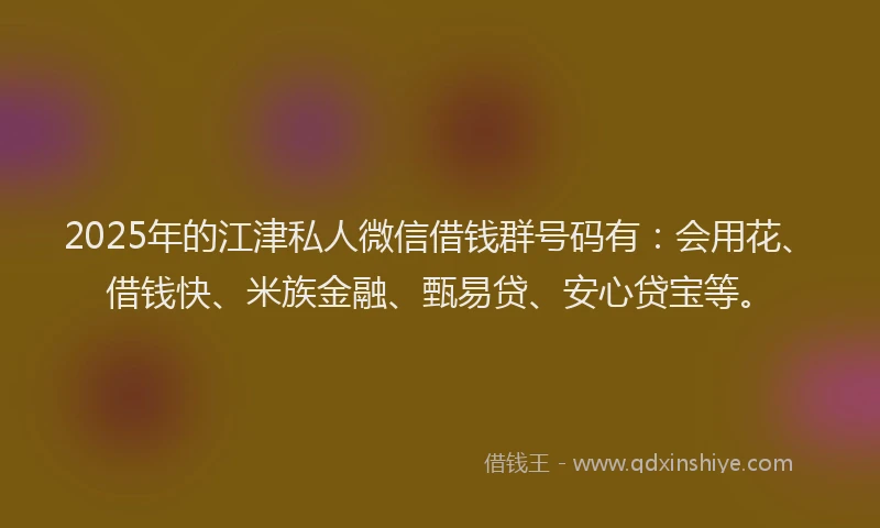 2025年的江津私人微信借钱群号码有：会用花、借钱快、米族金融、甄易贷、安心贷宝等。