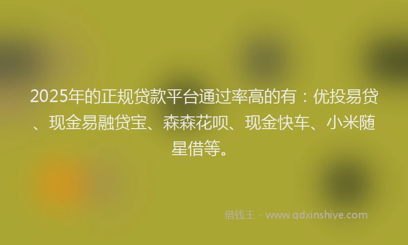 2025年的正规贷款平台通过率高的有：优投易贷、现金易融贷宝、森森花呗、现金快车、小米随星借等。