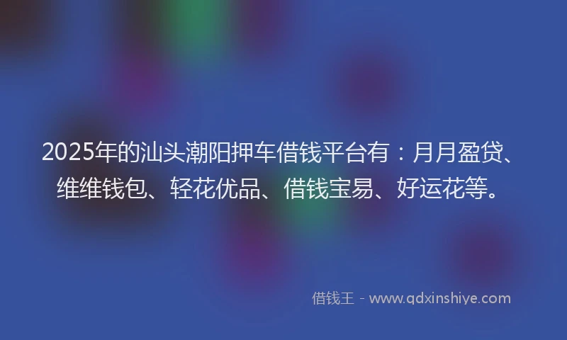 2025年的汕头潮阳押车借钱平台有：月月盈贷、维维钱包、轻花优品、借钱宝易、好运花等。
