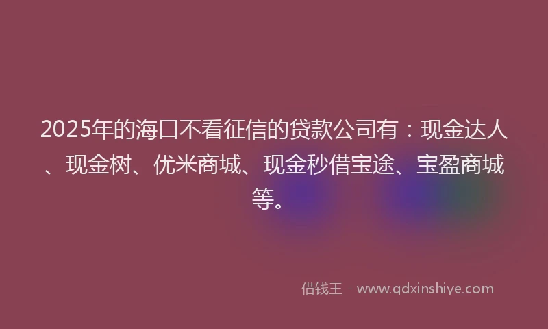 2025年的海口不看征信的贷款公司有：现金达人、现金树、优米商城、现金秒借宝途、宝盈商城等。
