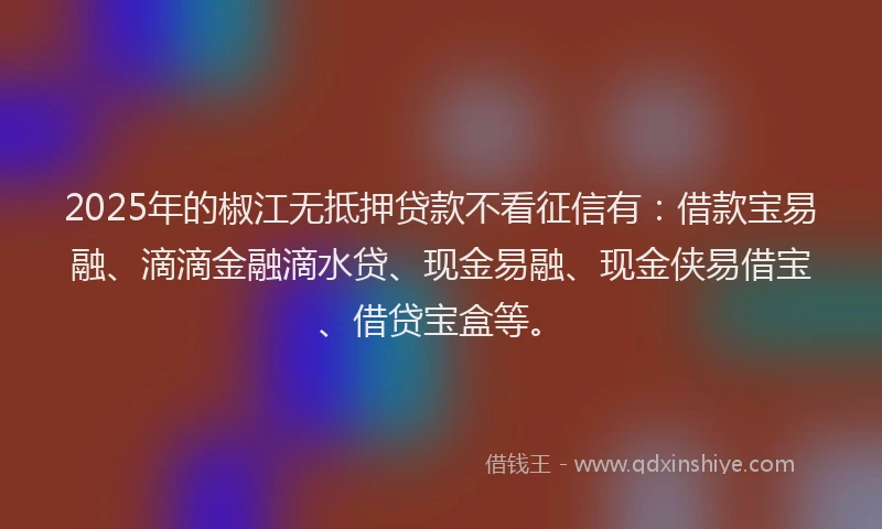2025年的椒江无抵押贷款不看征信有：借款宝易融、滴滴金融滴水贷、现金易融、现金侠易借宝、借贷宝盒等。