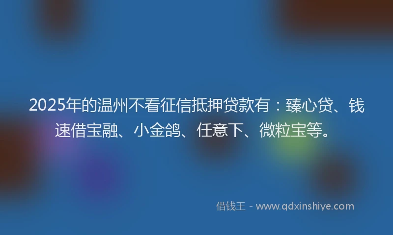 2025年的温州不看征信抵押贷款有：臻心贷、钱速借宝融、小金鸽、任意下、微粒宝等。