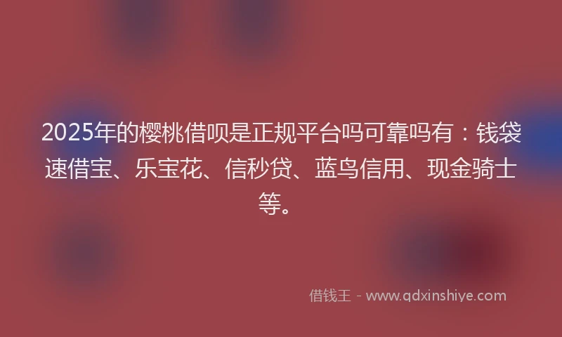 2025年的樱桃借呗是正规平台吗可靠吗有：钱袋速借宝、乐宝花、信秒贷、蓝鸟信用、现金骑士等。