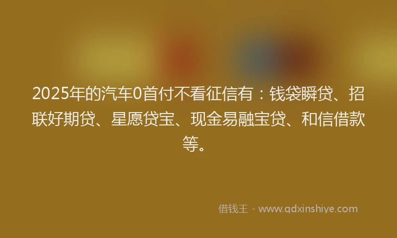 2025年的汽车0首付不看征信有：钱袋瞬贷、招联好期贷、星愿贷宝、现金易融宝贷、和信借款等。