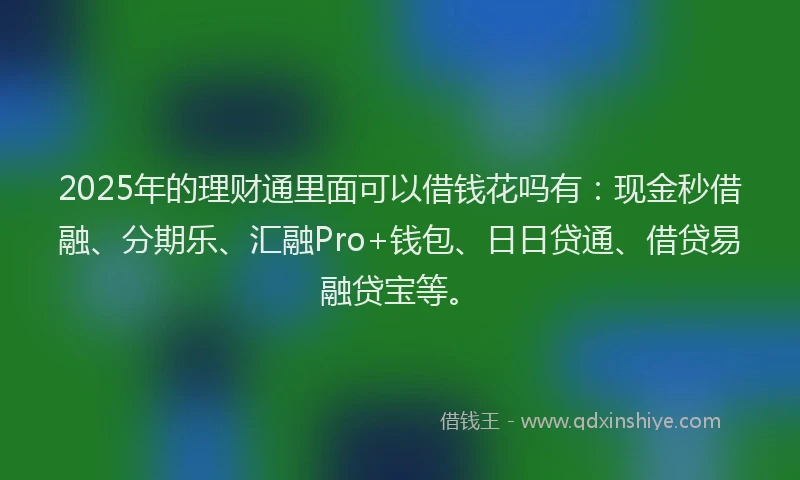 2025年的理财通里面可以借钱花吗有：现金秒借融、分期乐、汇融Pro+钱包、日日贷通、借贷易融贷宝等。