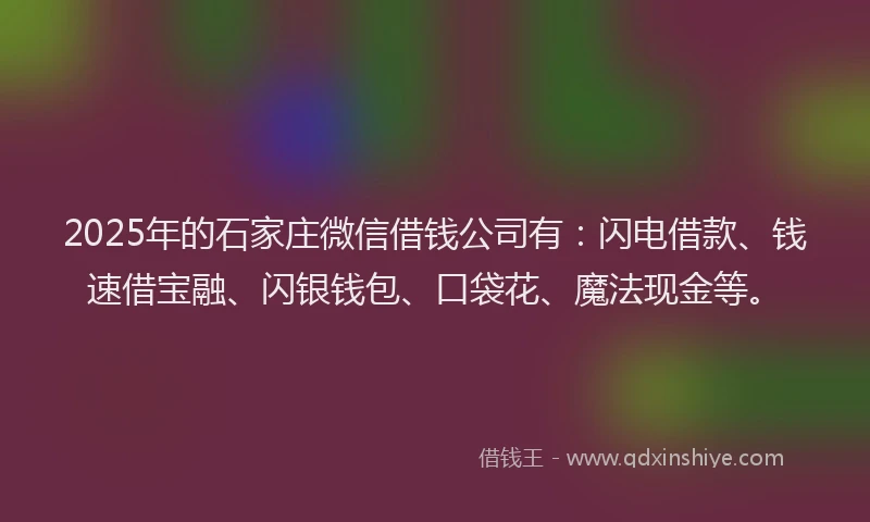 2025年的石家庄微信借钱公司有：闪电借款、钱速借宝融、闪银钱包、口袋花、魔法现金等。