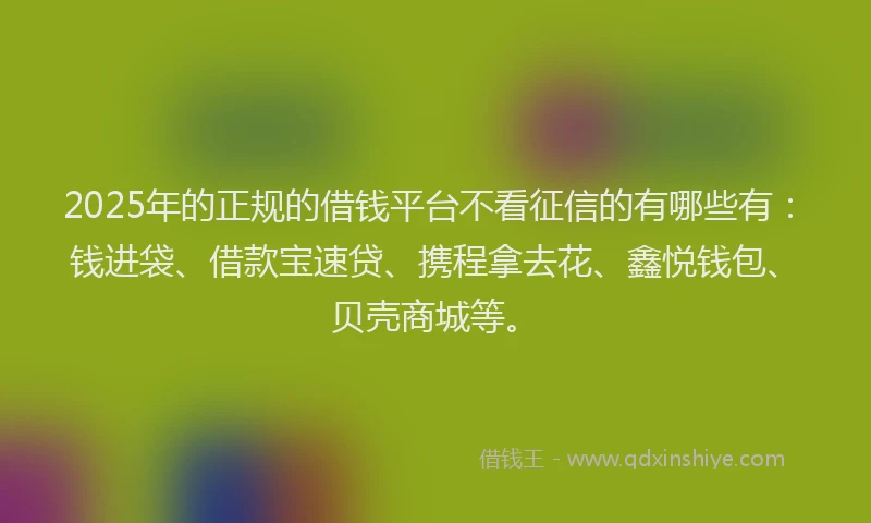 2025年的正规的借钱平台不看征信的有哪些有：钱进袋、借款宝速贷、携程拿去花、鑫悦钱包、贝壳商城等。