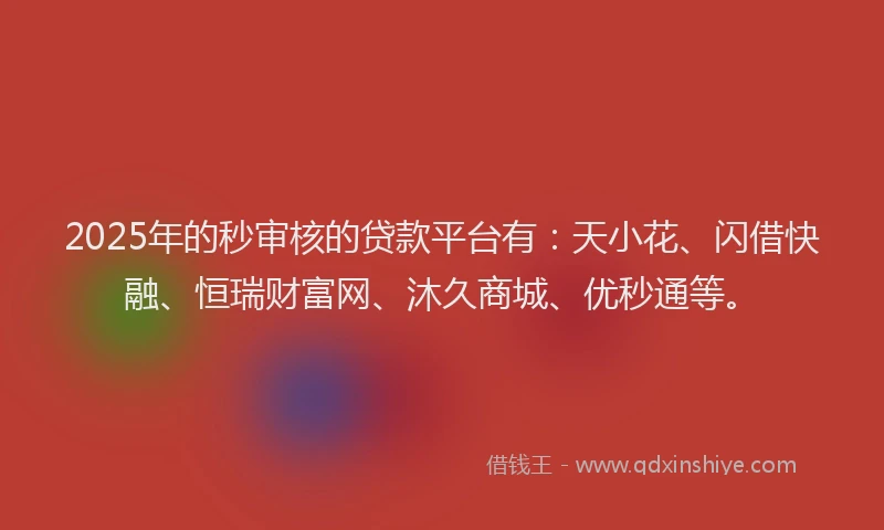 2025年的秒审核的贷款平台有:天小花、闪借快融、恒瑞财富网、沐久商城、优秒通等。