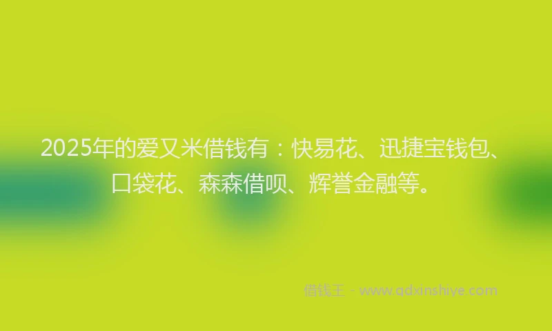 2025年的爱又米借钱有：快易花、迅捷宝钱包、口袋花、森森借呗、辉誉金融等。