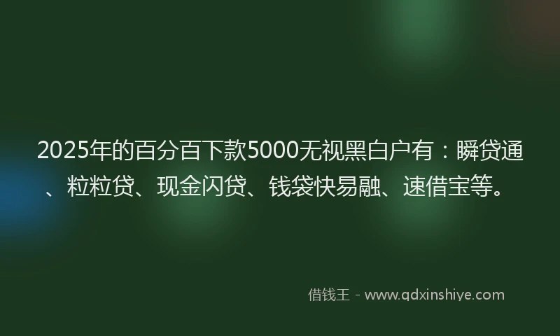 2025年的百分百下款5000无视黑白户有：瞬贷通、粒粒贷、现金闪贷、钱袋快易融、速借宝等。