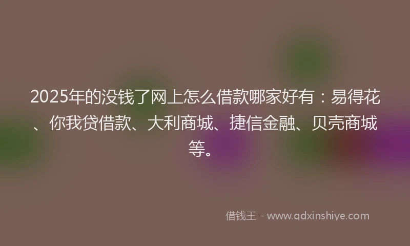 2025年的没钱了网上怎么借款哪家好有：易得花、你我贷借款、大利商城、捷信金融、贝壳商城等。