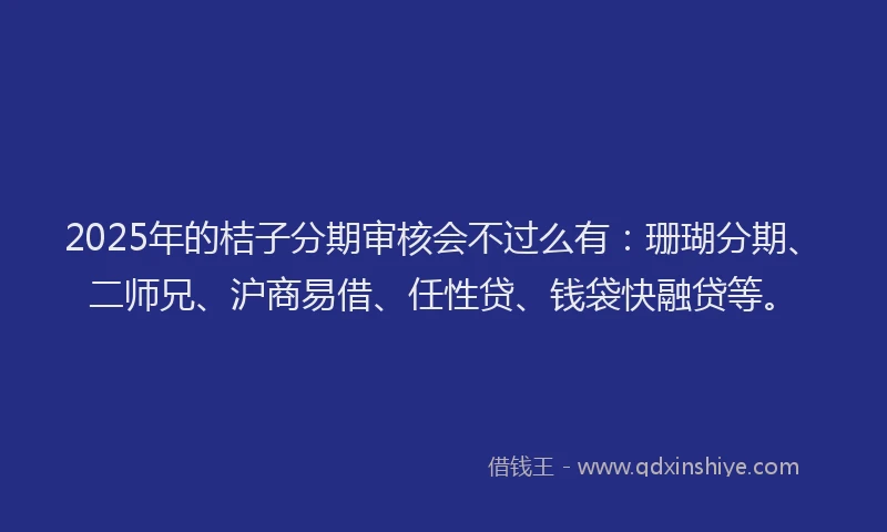 2025年的桔子分期审核会不过么有：珊瑚分期、二师兄、沪商易借、任性贷、钱袋快融贷等。