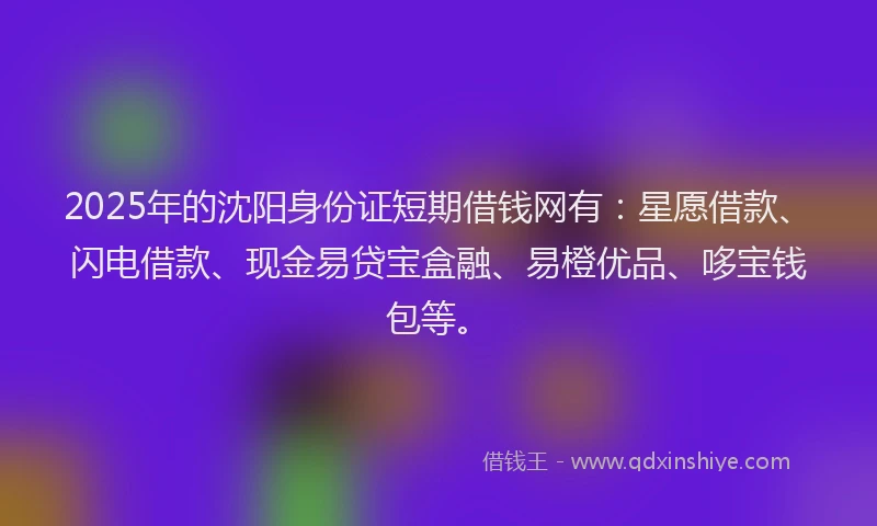 2025年的沈阳身份证短期借钱网有：星愿借款、闪电借款、现金易贷宝盒融、易橙优品、哆宝钱包等。