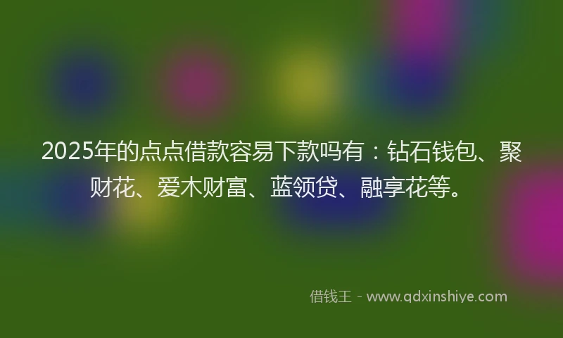 2025年的点点借款容易下款吗有:钻石钱包、聚财花、爱木财富、蓝领贷、融享花等。