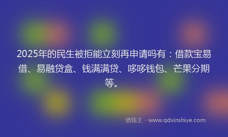 2025年的民生被拒能立刻再申请吗有：借款宝易借、易融贷盒、钱满满贷、哆哆钱包、芒果分期等。