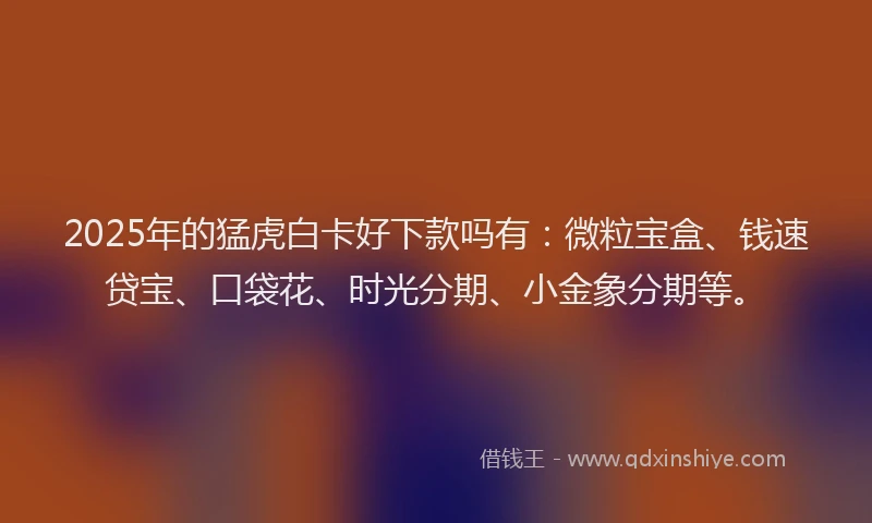 2025年的猛虎白卡好下款吗有：微粒宝盒、钱速贷宝、口袋花、时光分期、小金象分期等。