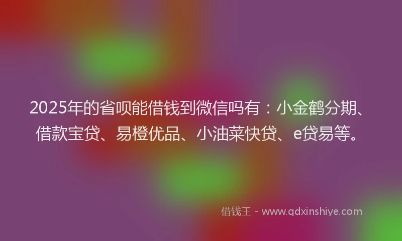 2025年的省呗能借钱到微信吗有：小金鹤分期、借款宝贷、易橙优品、小油菜快贷、e贷易等。