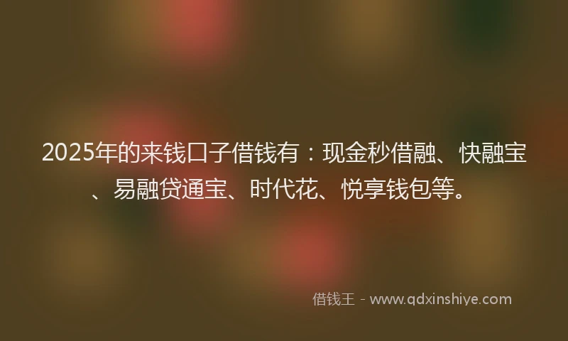 2025年的来钱口子借钱有：现金秒借融、快融宝、易融贷通宝、时代花、悦享钱包等。