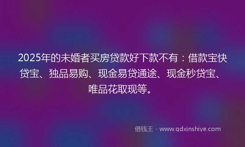 2025年的未婚者买房贷款好下款不有：借款宝快贷宝、独品易购、现金易贷通途、现金秒贷宝、唯品花取现等。