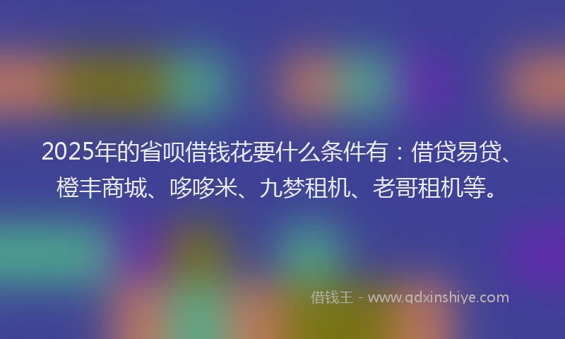 2025年的省呗借钱花要什么条件有：借贷易贷、橙丰商城、哆哆米、九梦租机、老哥租机等。