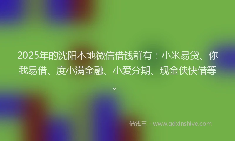 2025年的沈阳本地微信借钱群有：小米易贷、你我易借、度小满金融、小爱分期、现金侠快借等。