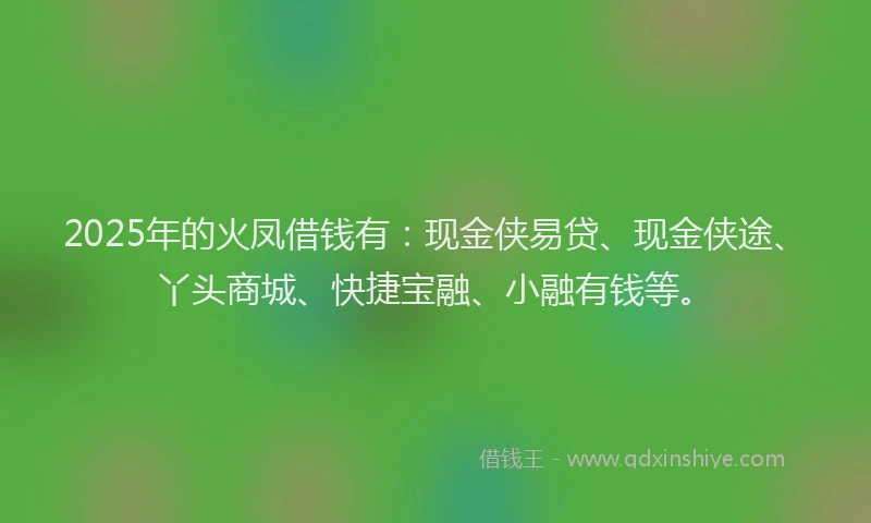 2025年的火凤借钱有：现金侠易贷、现金侠途、丫头商城、快捷宝融、小融有钱等。