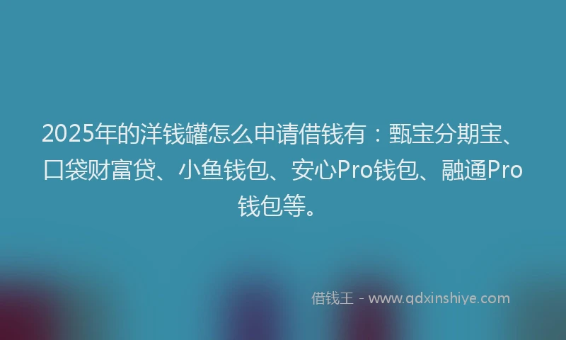 2025年的洋钱罐怎么申请借钱有：甄宝分期宝、口袋财富贷、小鱼钱包、安心Pro钱包、融通Pro钱包等。