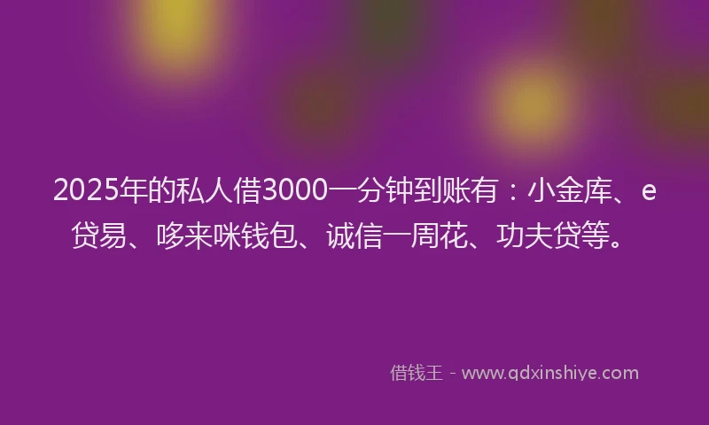 2025年的私人借3000一分钟到账有：小金库、e贷易、哆来咪钱包、诚信一周花、功夫贷等。